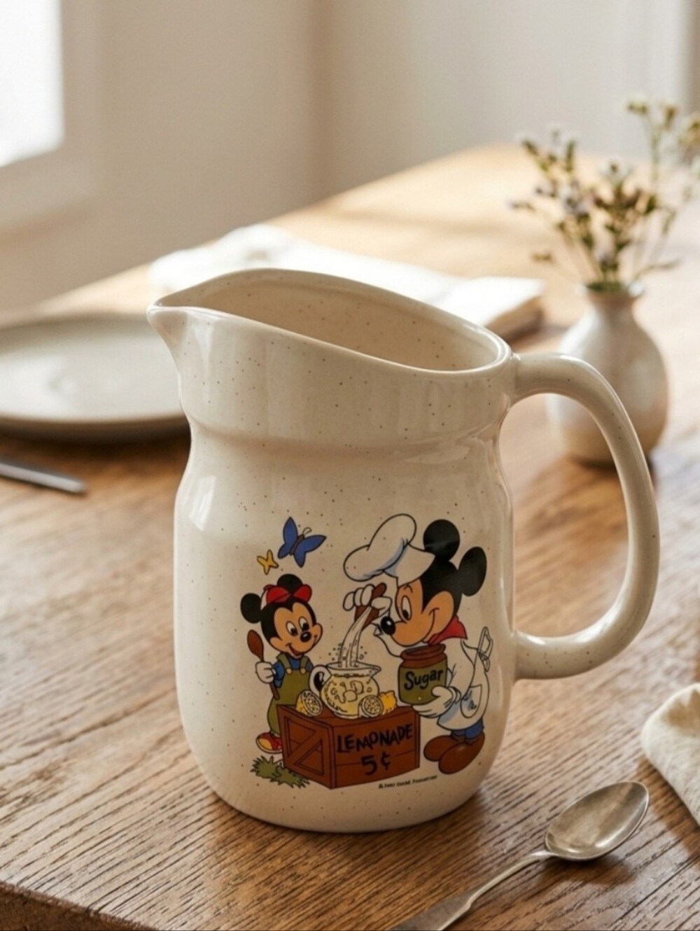 VTG WALT DISNEY MICKEY MOUSE Lemonade Stand Stoneware PITCHER BY TREASURE CRAFT